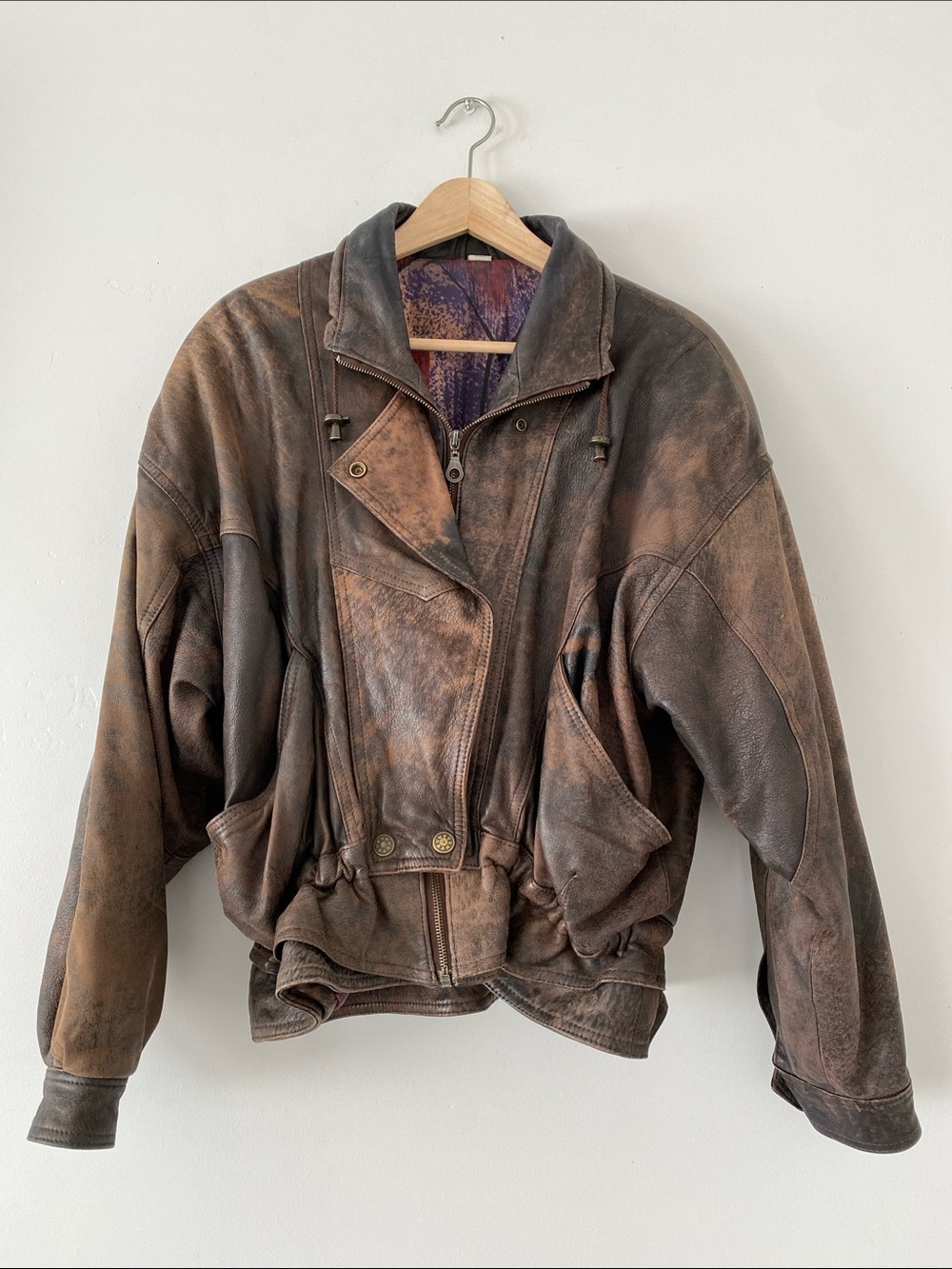 Vintage 90’ Brown Leather Bomber Jacket Sz L/XL Stand Collar Moto Biker Boho